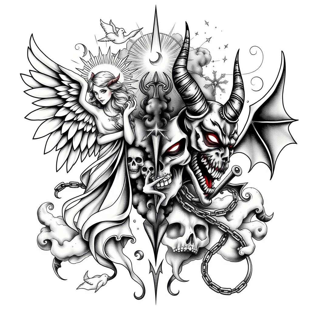 A striking tattoo design illustrating the concept of good versus evil, featuring two contrasting figures: on one side, a radiant angel with outstretched wings and a serene expression, adorned with symbols of peace and harmony, such as olive branches and doves; on the other side, a menacing demon with sharp horns and fiery eyes, surrounded by dark clouds and ominous symbols like skulls and chains