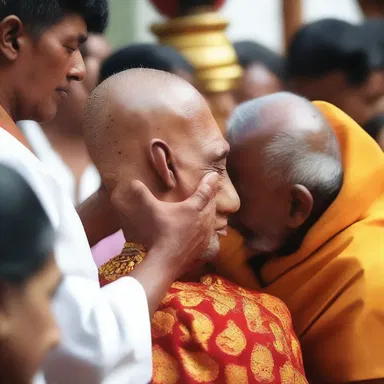 The religious ceremony involved the priest using the ankus to gently touch the devotees' foreheads.