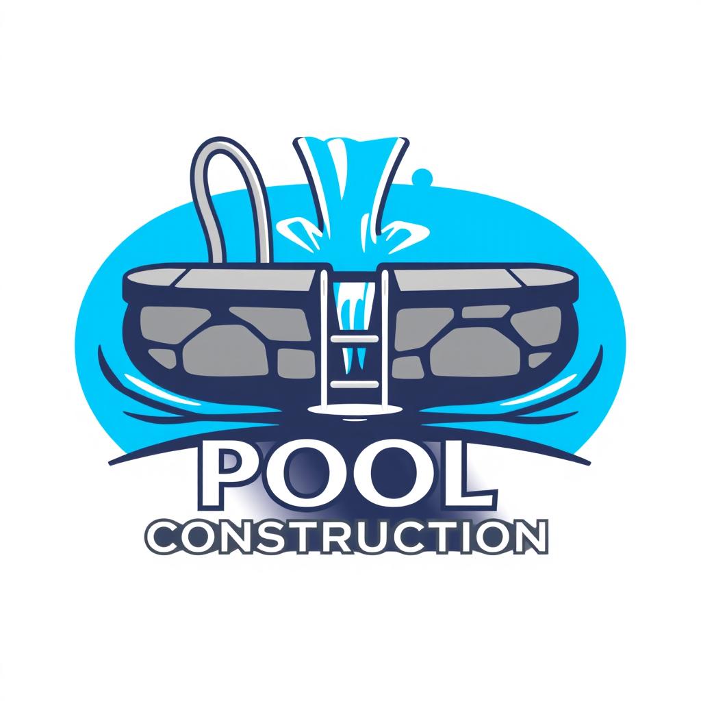 A logo design for a pool construction business, featuring a stylized swimming pool with a cascading waterfall and a pool ladder