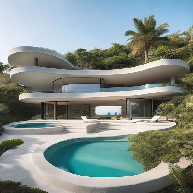 A single-storey brutalist villa in raw concrete on a hill, offering panoramic ocean views. The curvaceous and minimal architecture is inspired by Zaha Hadid. Adjacent, a turquoise-tiled, curved pool brings life to the surroundings, embraced by a lush tropical garden of palm trees.