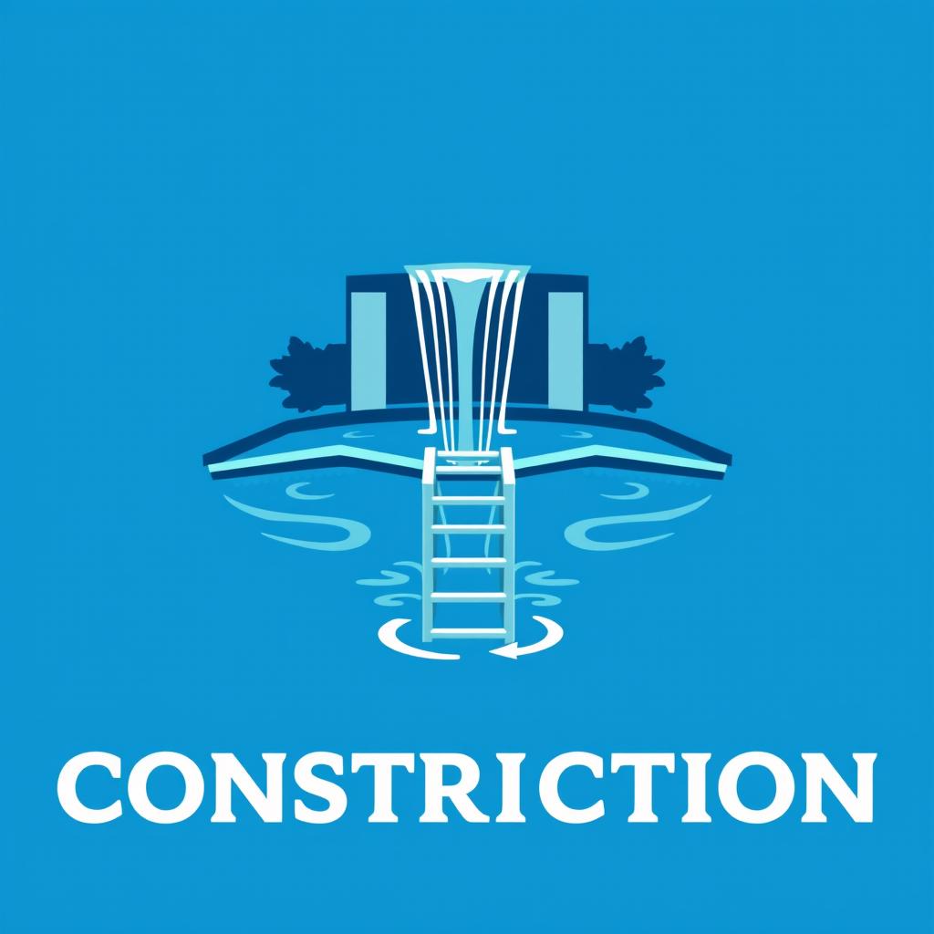 A sleek and modern logo for a pool construction business, featuring a stylized graphic of a serene pool with a majestic waterfall cascading into it
