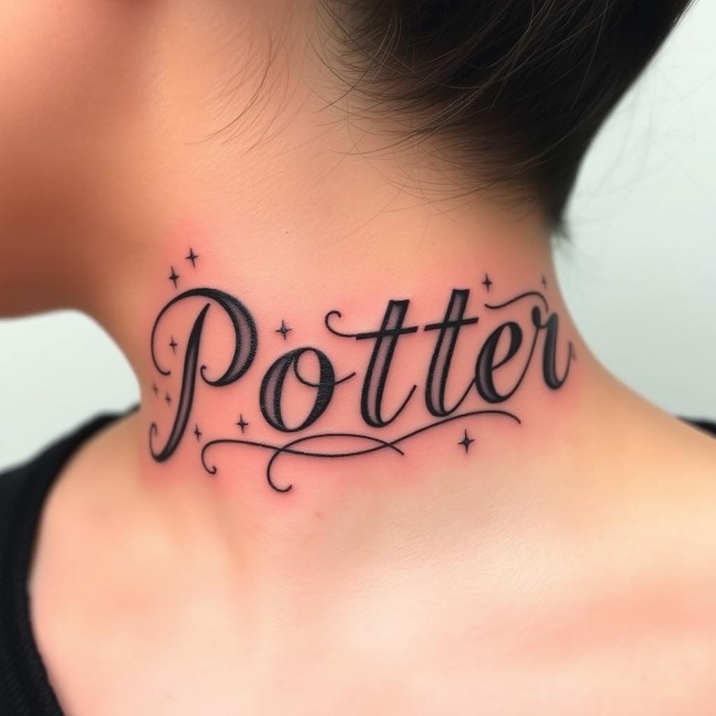 An eye-catching tattoo design featuring the word "Potter" elegantly scripted on the front neck