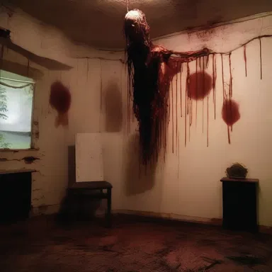 The haunted house was filled with eerie decorations, including an ankus with dried bloodstains.