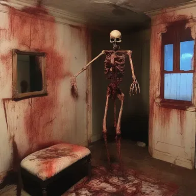 The haunted house was filled with eerie decorations, including an ankus with dried bloodstains.