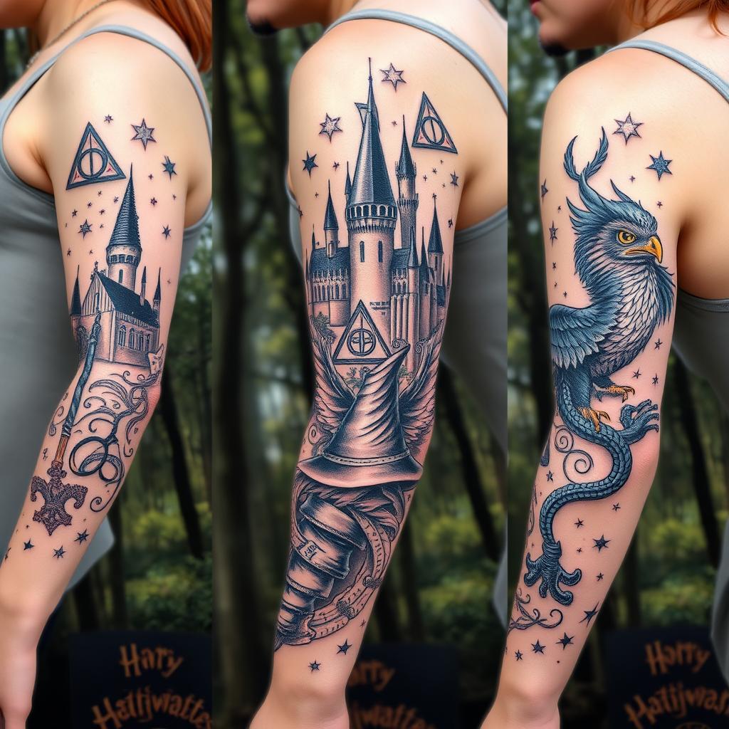 A stunning sleeve tattoo inspired by the Harry Potter universe, featuring key elements such as the Hogwarts castle, the Deathly Hallows symbol, a wand, and various magical creatures like an owl and a dragon