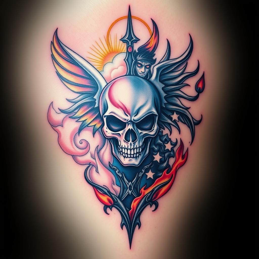 A captivating and intricate tattoo design representing the duality of good and evil