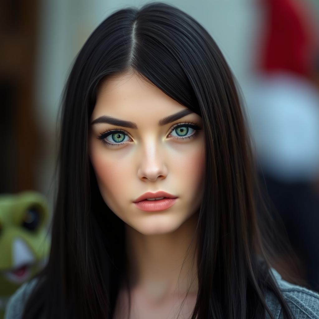 A young woman between 25 to 35 years old with jet black straight hair and a doll-like face