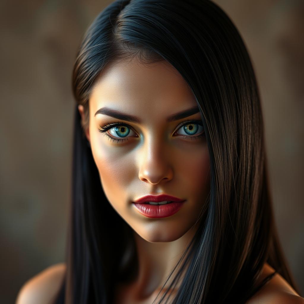 A beautiful woman between 25 to 35 years old, with sleek jet black hair, doll-like features, fair skin, and striking emerald green eyes that convey a hunter's intensity