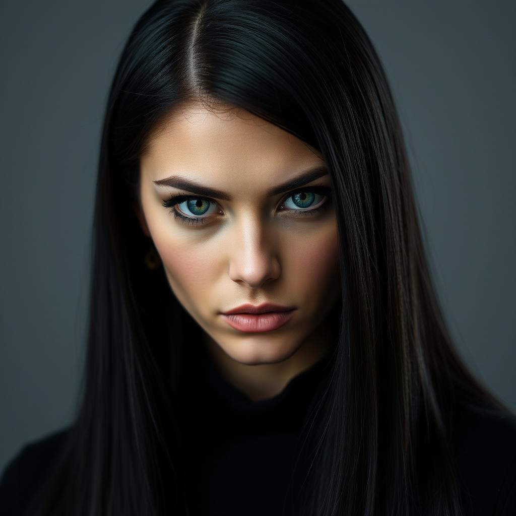 A woman aged between 25 to 35 years with jet black, straight hair and a doll-like face