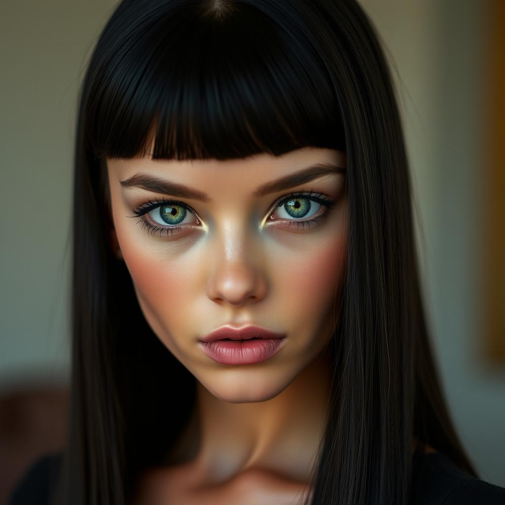A young woman aged between 25 to 35 years, featuring striking jet black straight hair that frames her doll-like face