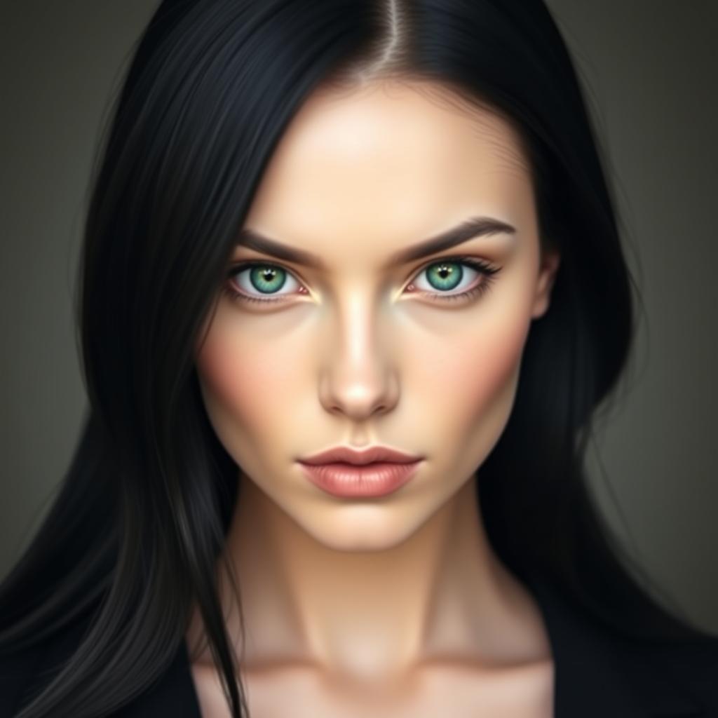 A striking woman aged between 25 and 35, featuring jet black straight hair that flows elegantly