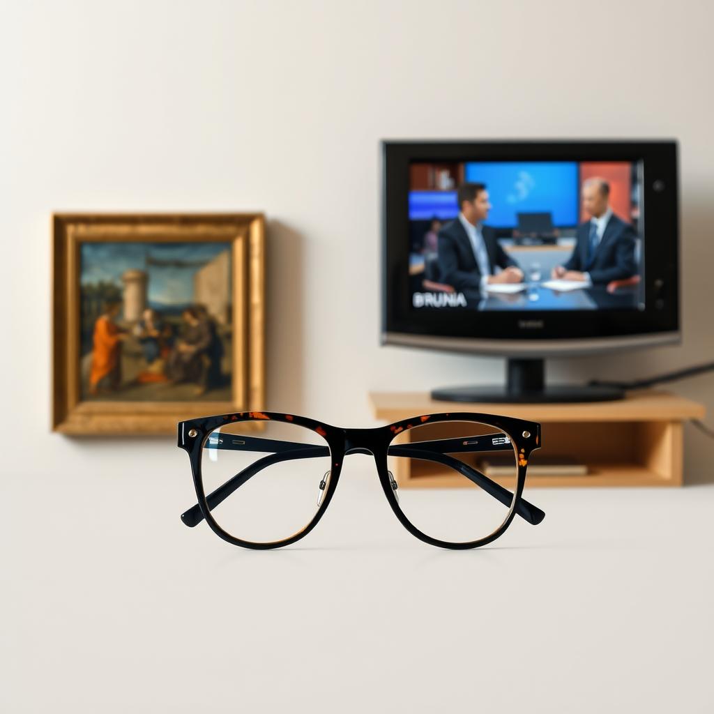 A vertically rectangular image featuring a pair of glasses at the center, resembling those worn by the Italian art critic Vittorio Sgarbi