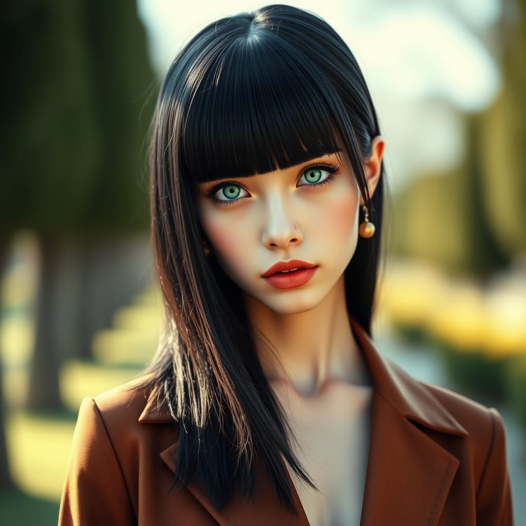 A young woman aged between 25 to 35 years with jet black straight hair, a doll-like face, and white skin