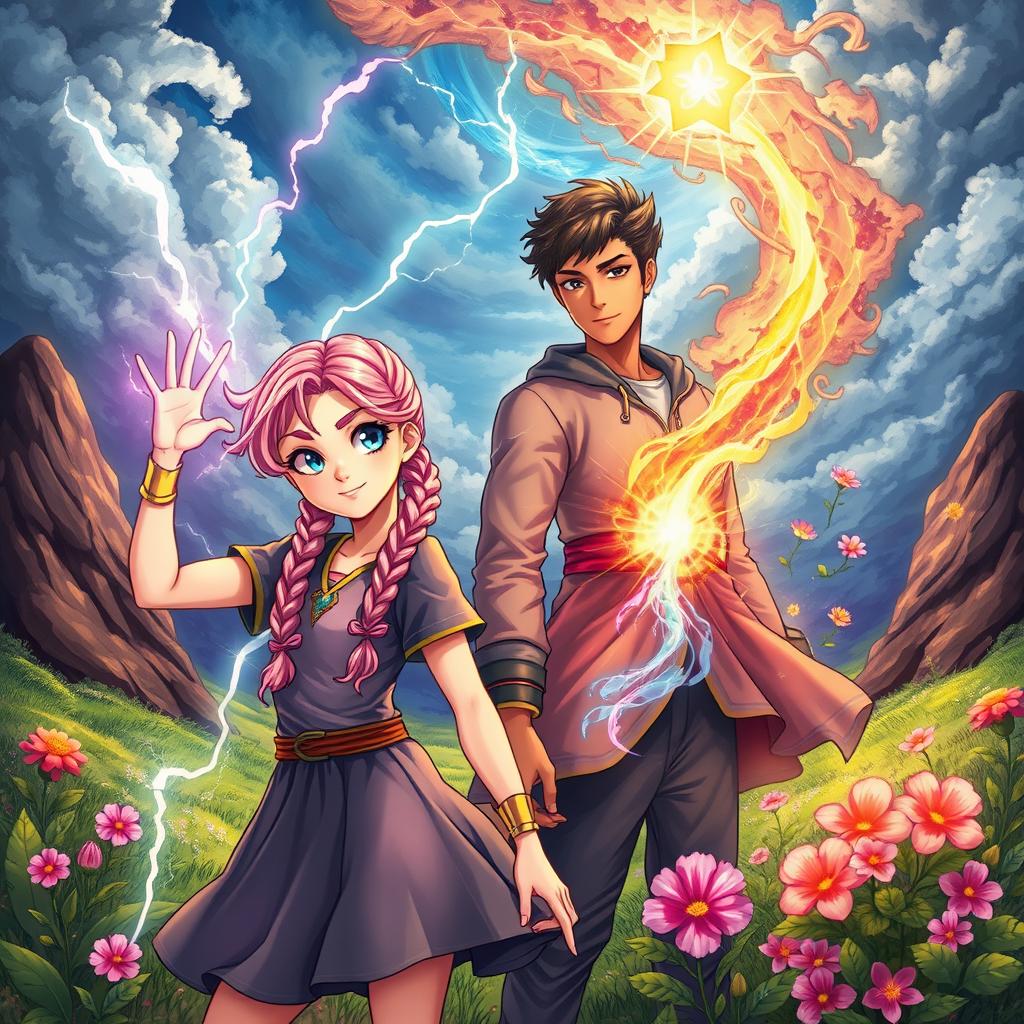 A vibrant, magical scene featuring a girl with pink braided hair, two strands elegantly framing her face, confidently controlling the weather with swirling clouds and shimmering lightning around her