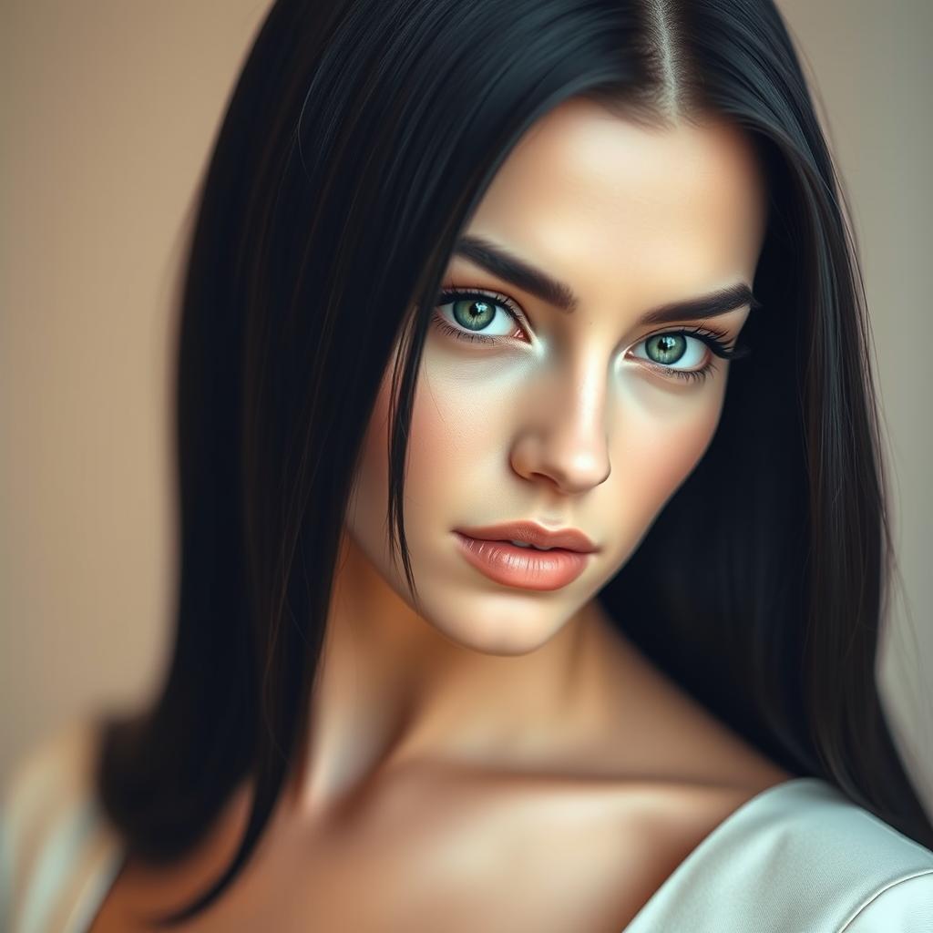 A stunning woman aged 30 with jet black, straight hair, and a doll-like face, featuring beautiful white skin