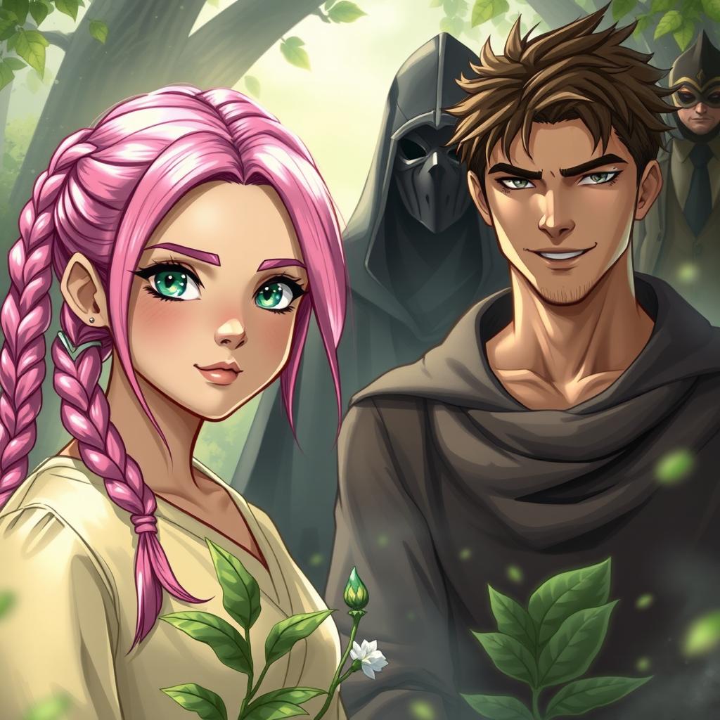A fantastical scene featuring a girl with pink braided hair, two strands loose framing her face