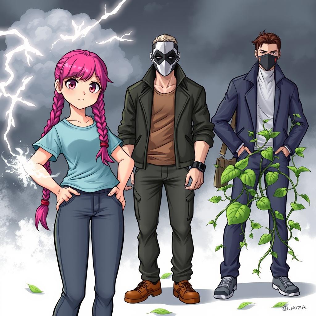 A girl with vibrant pink braided hair, two loose strands framing her face, stands confidently as she magically controls the weather around her, with swirling clouds and flashes of lightning