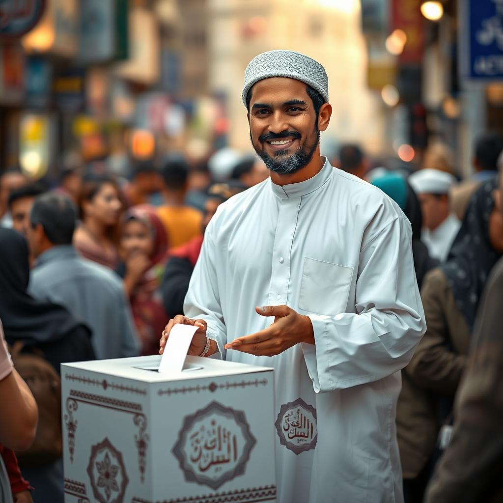 A scene depicting a kind Muslim man giving charity to those in need