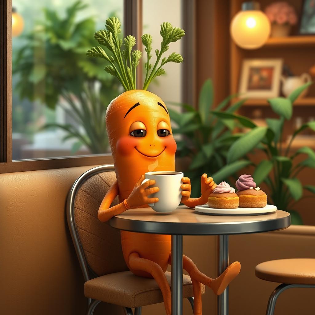 A whimsical and realistic portrayal of a carrot character with human-like hands and legs, sitting comfortably at a small café table