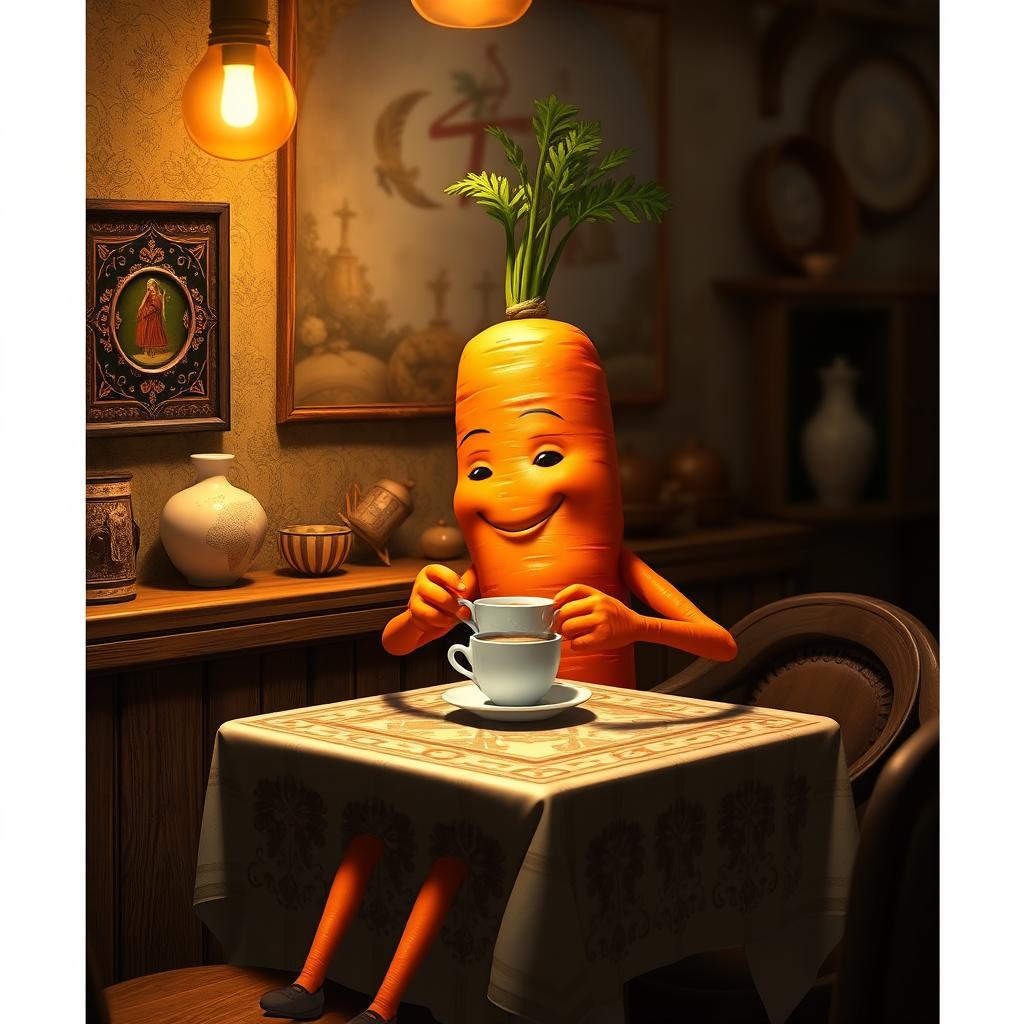 A unique and realistic portrayal of a carrot character with human-like hands and legs, sitting at a rustic Balkan café table in a dark mode setting