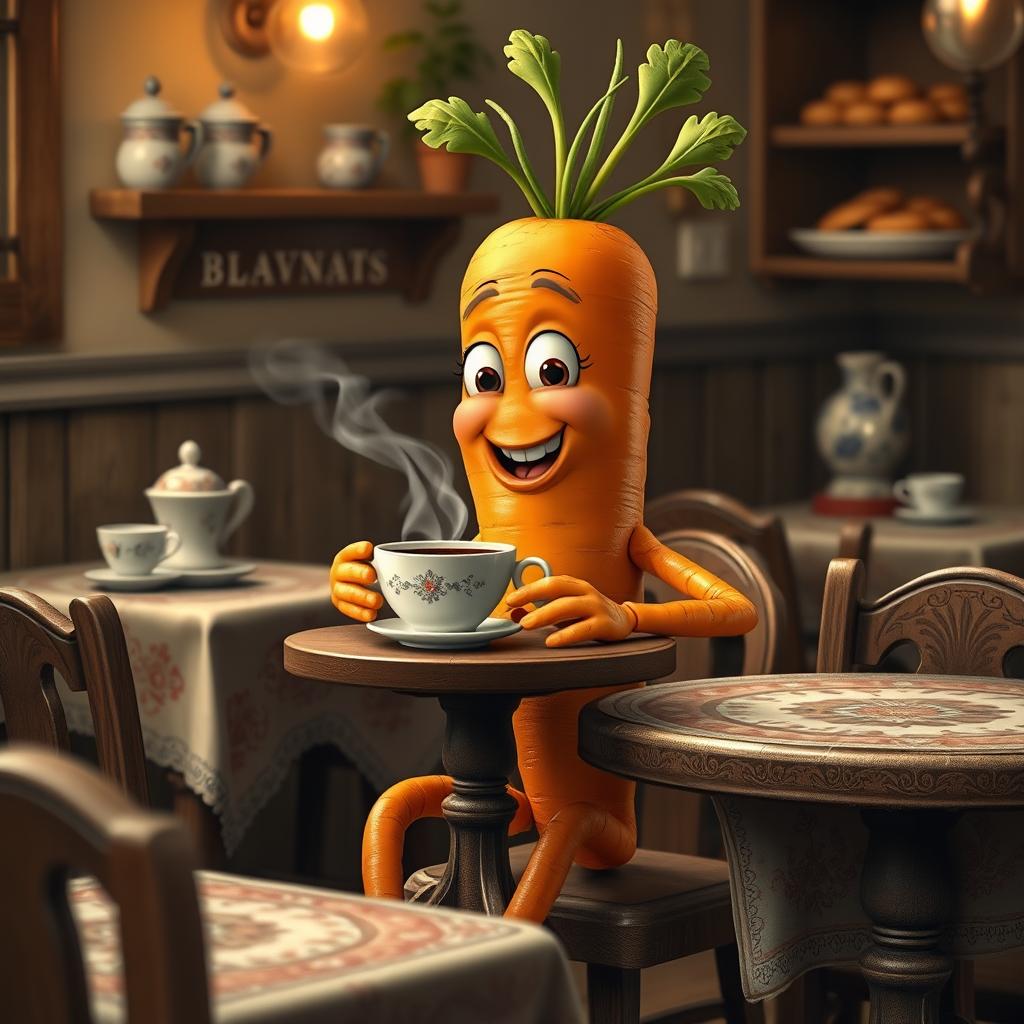 A whimsical and realistic portrayal of a carrot character with human-like hands and legs, sitting at a traditional Balkan café table