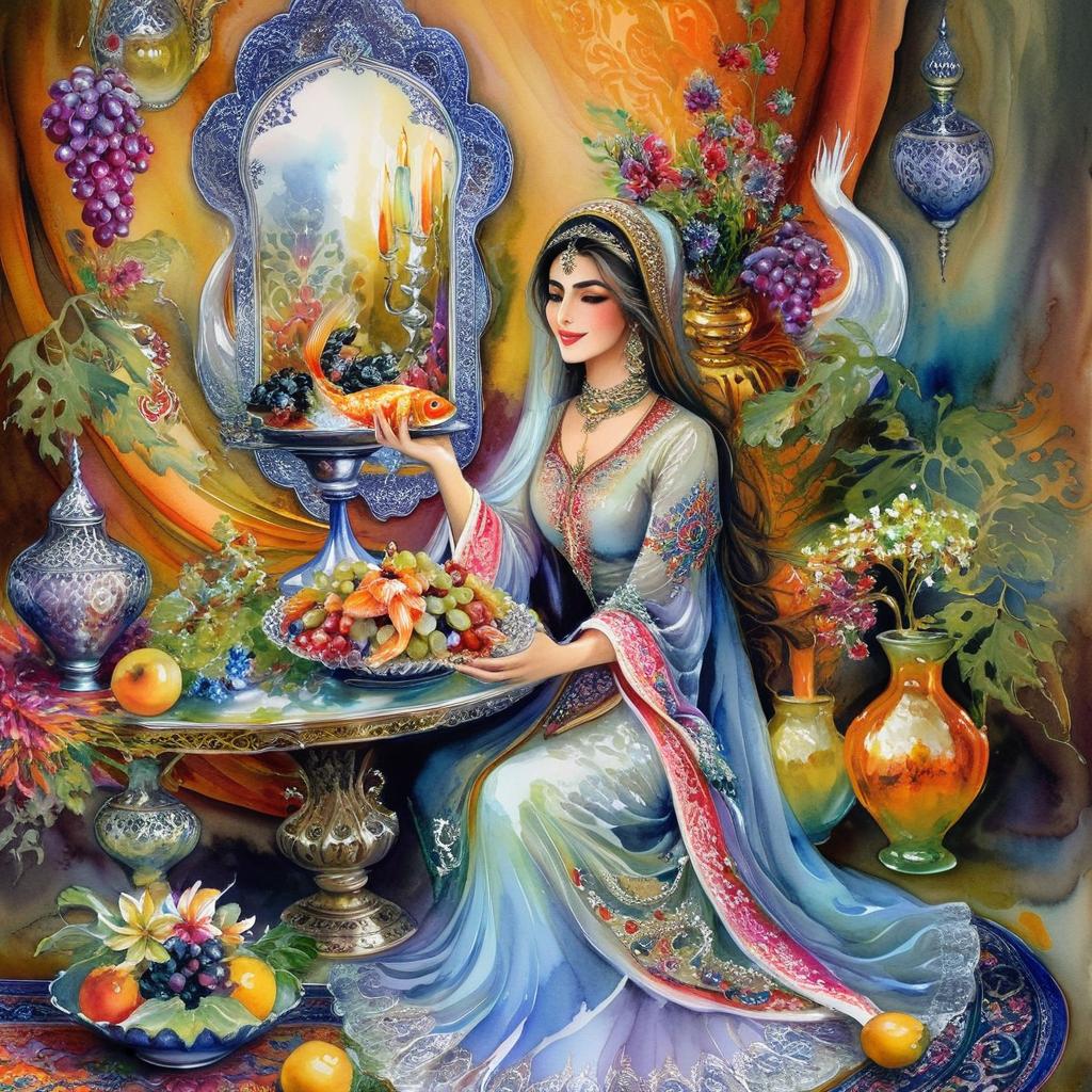 Mystical and spiritual watercolor painting of a beautiful Iranian woman sitting indoors, next to a table with fruit and grape dishes, traditional vases and colorful flowers, Eid greenery, traditional mirror, beautiful candles, small sweets in beautiful dishes, glass water dish with goldfish in it, Iranian Eid table, Iranian silk carpet