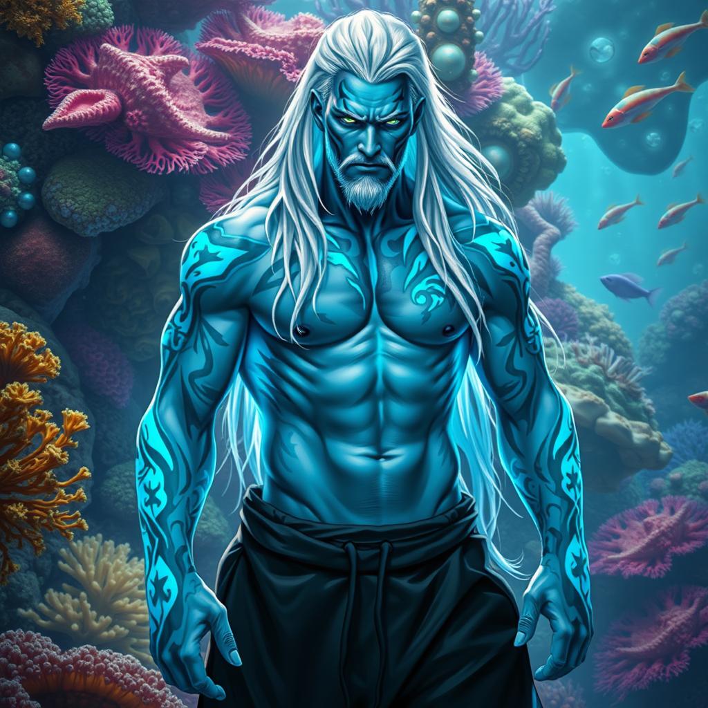A formidable male Simic Hybrid of Vedalken descent, showcasing a robust and muscular physique