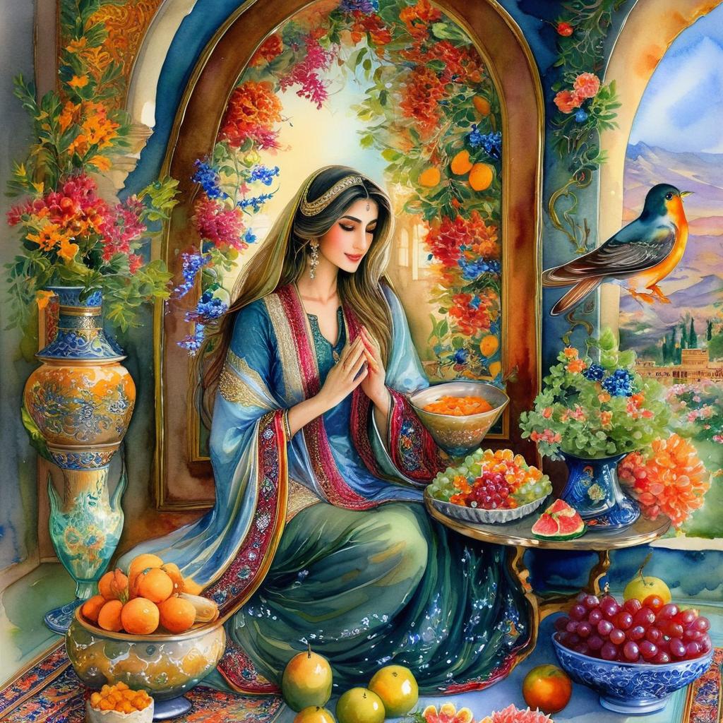 Mystical and spiritual watercolor painting of a beautiful Iranian woman sitting indoors, next to a table with fruit and grape dishes, traditional vases and colorful flowers, Eid greenery, traditional mirror, beautiful candles, small sweets in beautiful dishes, a water basin full of goldfish, an Iranian Nowruz table, an Iranian silk carpet and small colorful birds