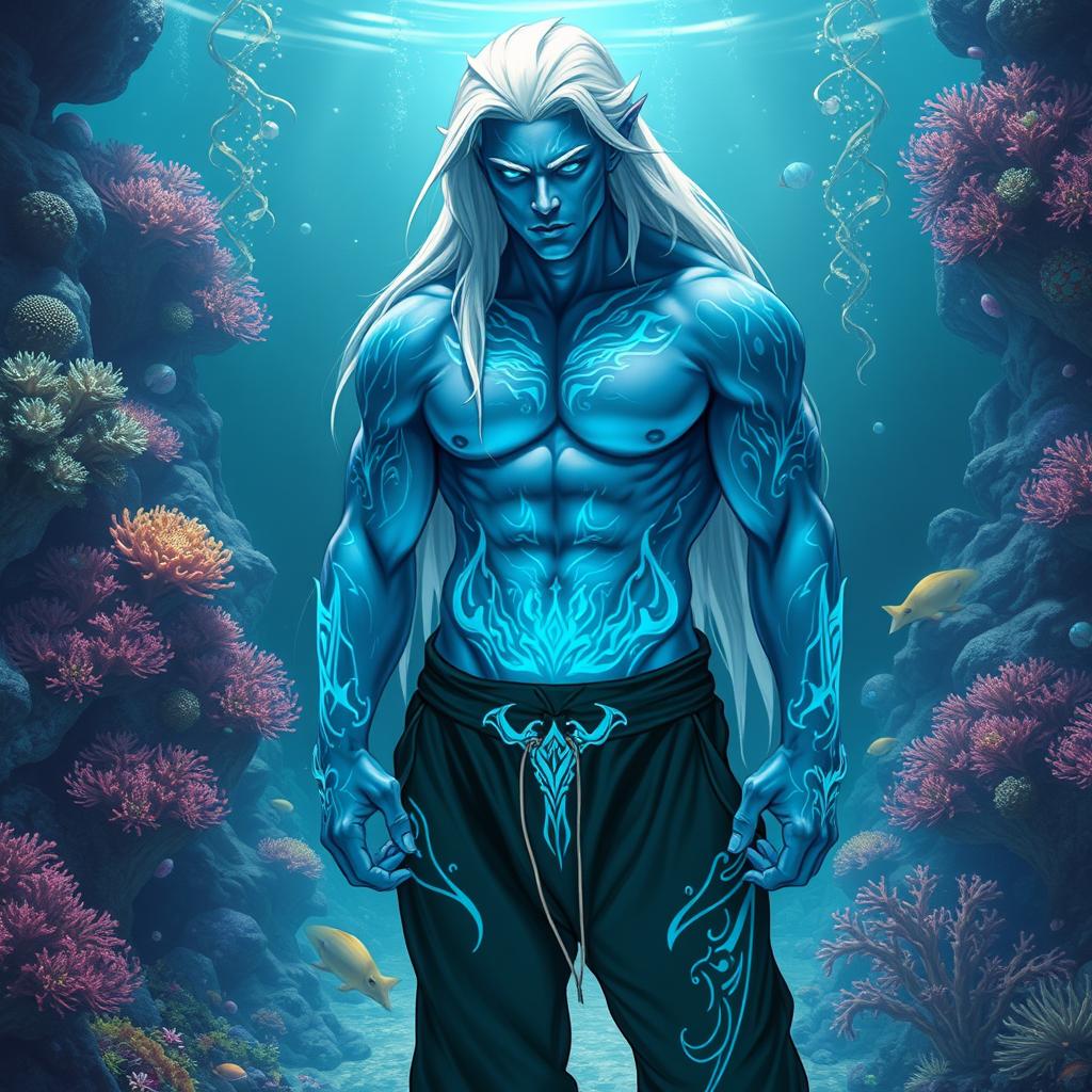 A striking male Simic Hybrid of Vedalken origin, featuring a robust and muscular physique