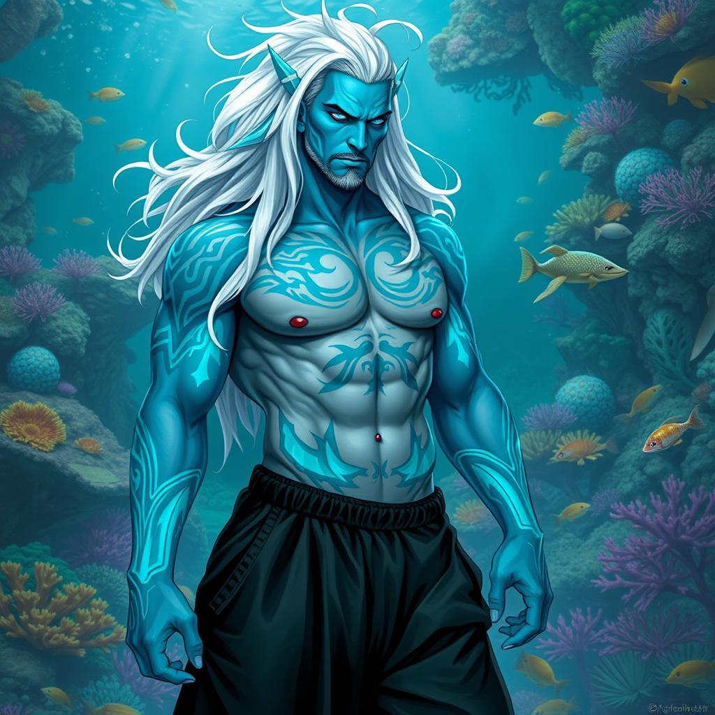 A powerful male Simic Hybrid of Vedalken origin, displaying a robust and muscular figure