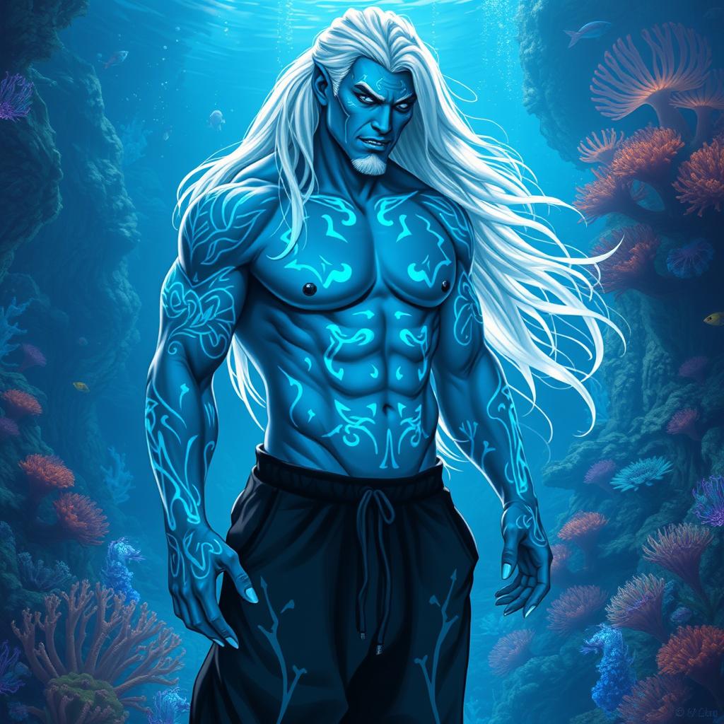 A robust and muscular male Simic Hybrid of Vedalken lineage, age 26, depicted without a shirt to emphasize his strong physique