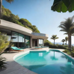 Envision a brutalist single-level villa in raw concrete, perched on a hill with a sweeping view of the ocean. The architecture is minimal and curved, complemented by a bright turquoise-tiled pool. Surrounding the pool is a lush tropical garden rich with palm trees and exotic plants.