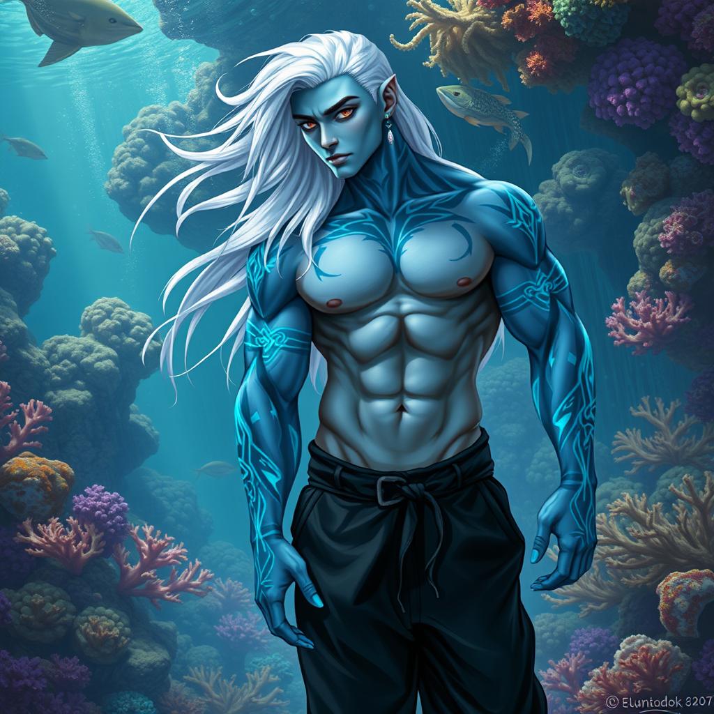 A muscular male Simic Hybrid of Vedalken lineage, age 26, portrayed with a robust and athletic physique