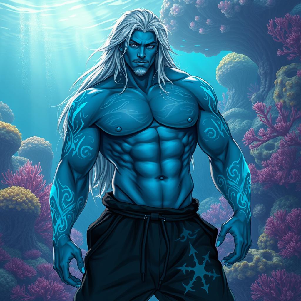 A muscular male Simic Hybrid of Vedalken origin, age 26, characterized by a robust figure