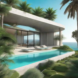 Envision a brutalist single-level villa in raw concrete, perched on a hill with a sweeping view of the ocean. The architecture is minimal and curved, complemented by a bright turquoise-tiled pool. Surrounding the pool is a lush tropical garden rich with palm trees and exotic plants.