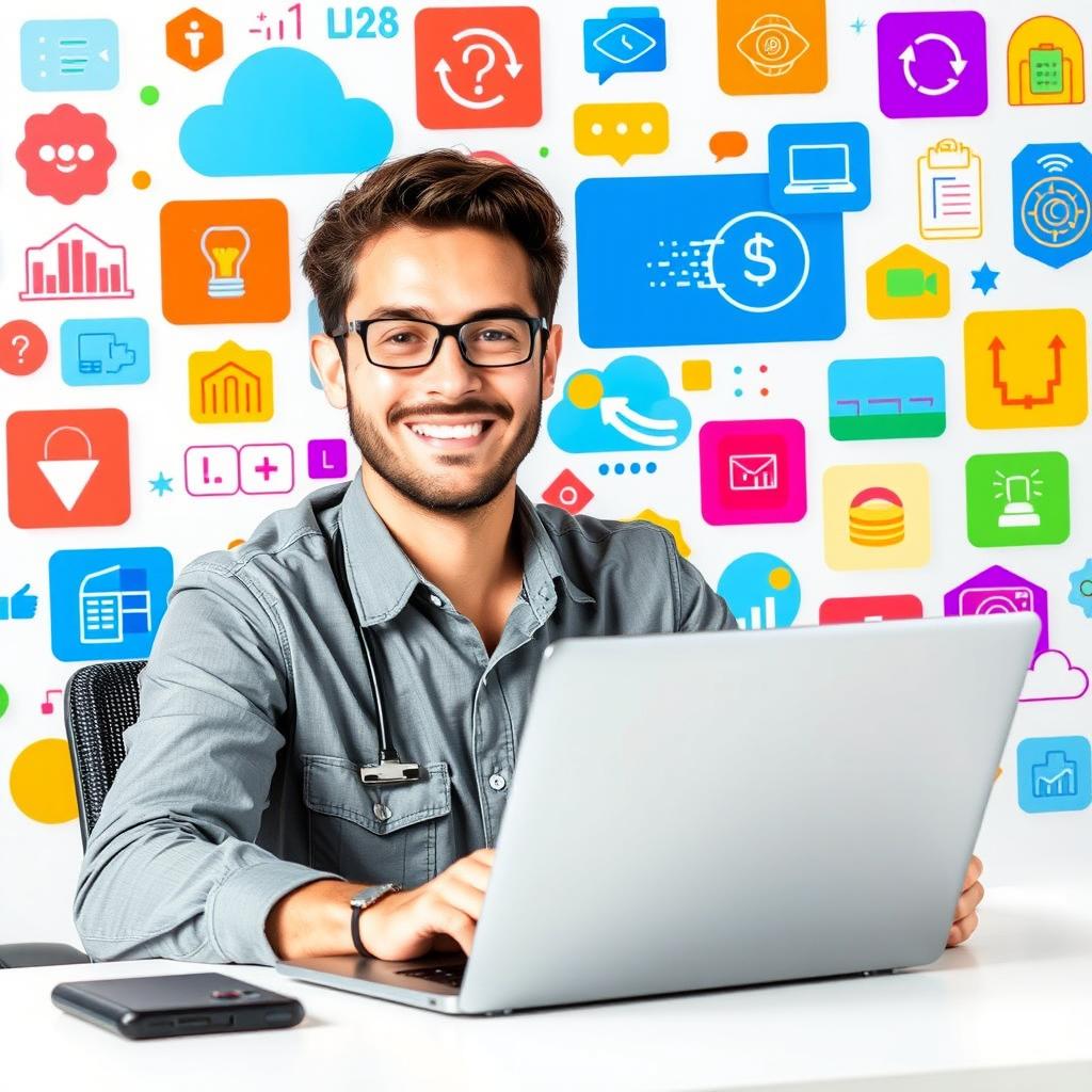 A cheerful IT technician with a friendly smile, sitting at a desk and working intently on a sleek laptop