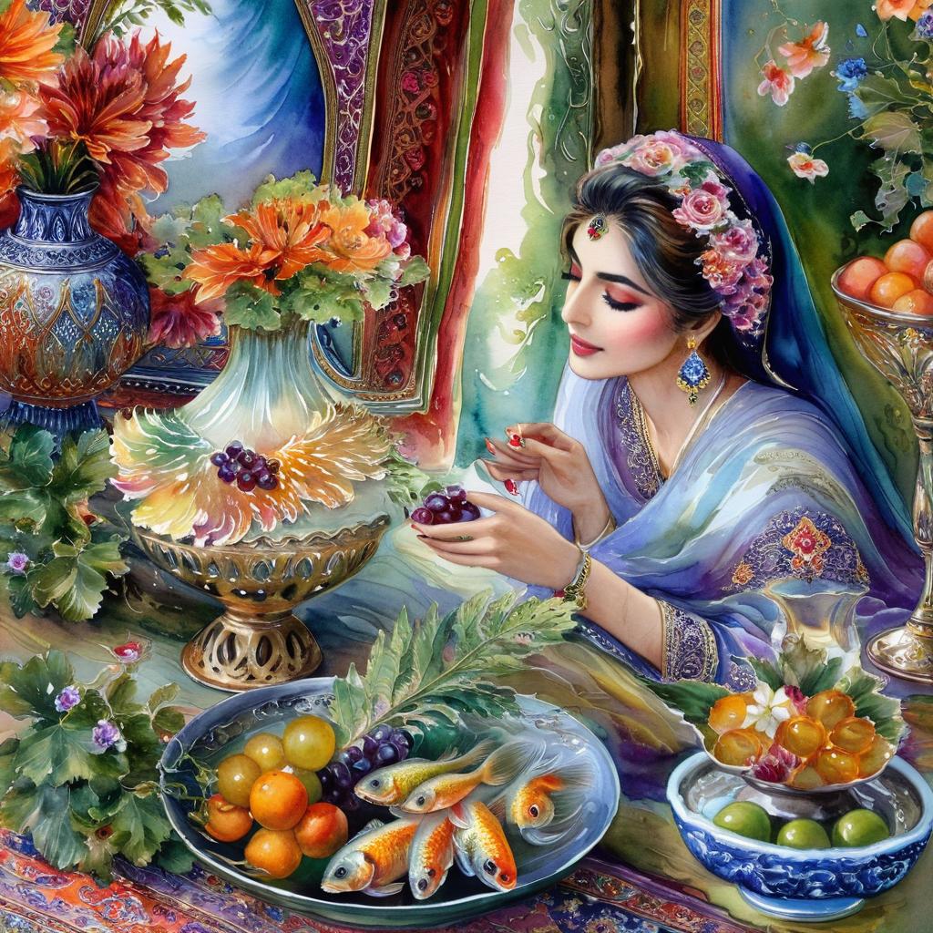Mystical and spiritual watercolor painting of a beautiful Iranian woman sitting indoors, next to a table with fruit and grape dishes, traditional vases and colorful flowers, Eid greenery, traditional mirror, beautiful candles, small sweets in beautiful dishes, a water basin full of goldfish, Iranian Nowruz table, Iranian silk carpet