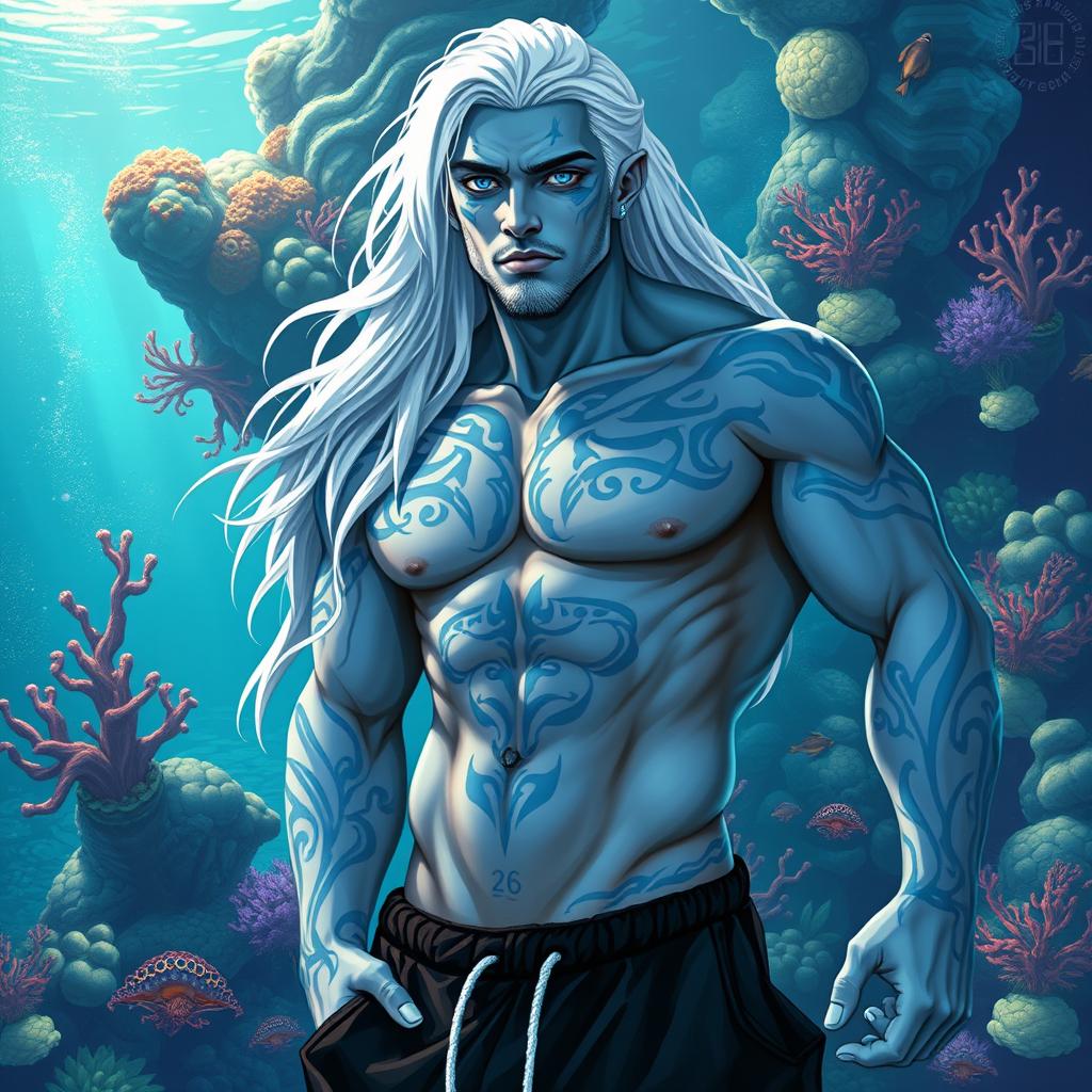 A robust male Simic Hybrid derived from Vedalken ancestry, aged 26, illustrated without a shirt to showcase his impressive muscular build