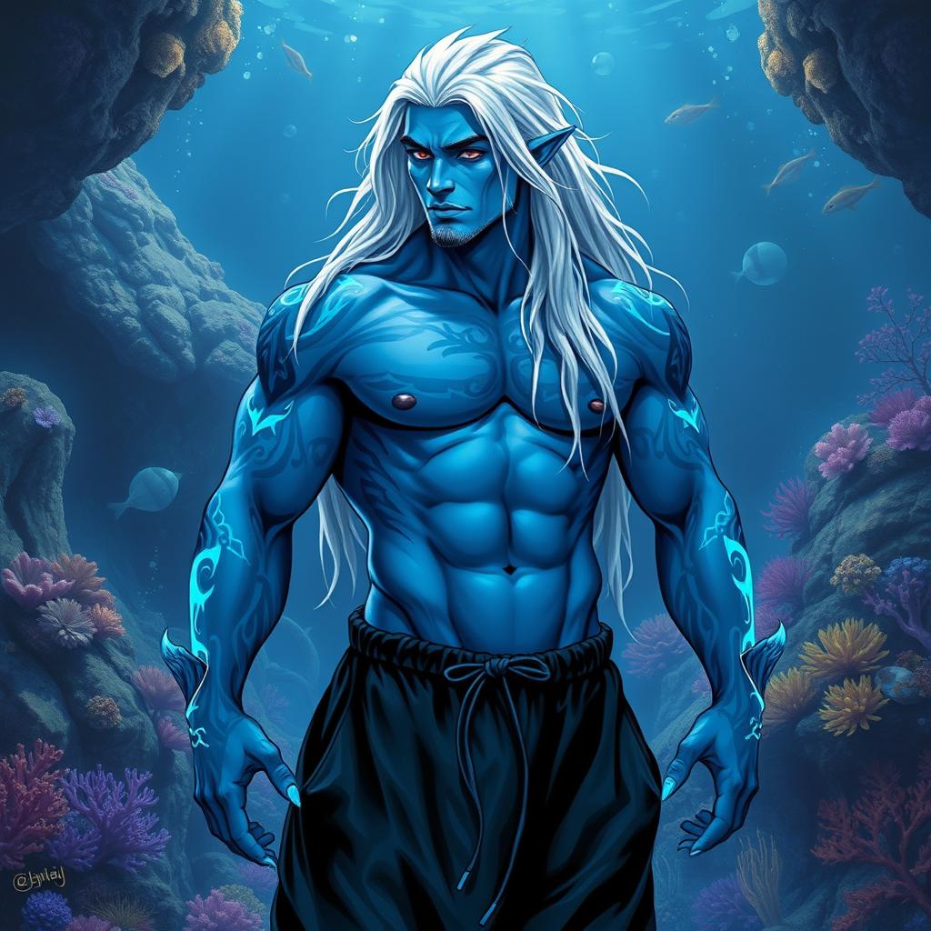 A muscular male Simic Hybrid, descended from Vedalken, depicted with a robust figure