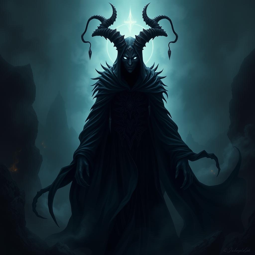 A shadowy figure known as a Shadar-kai, a tiefling humanoid with an ethereal, ominous presence, dressed in dark, flowing robes that seem to blend into the shadows