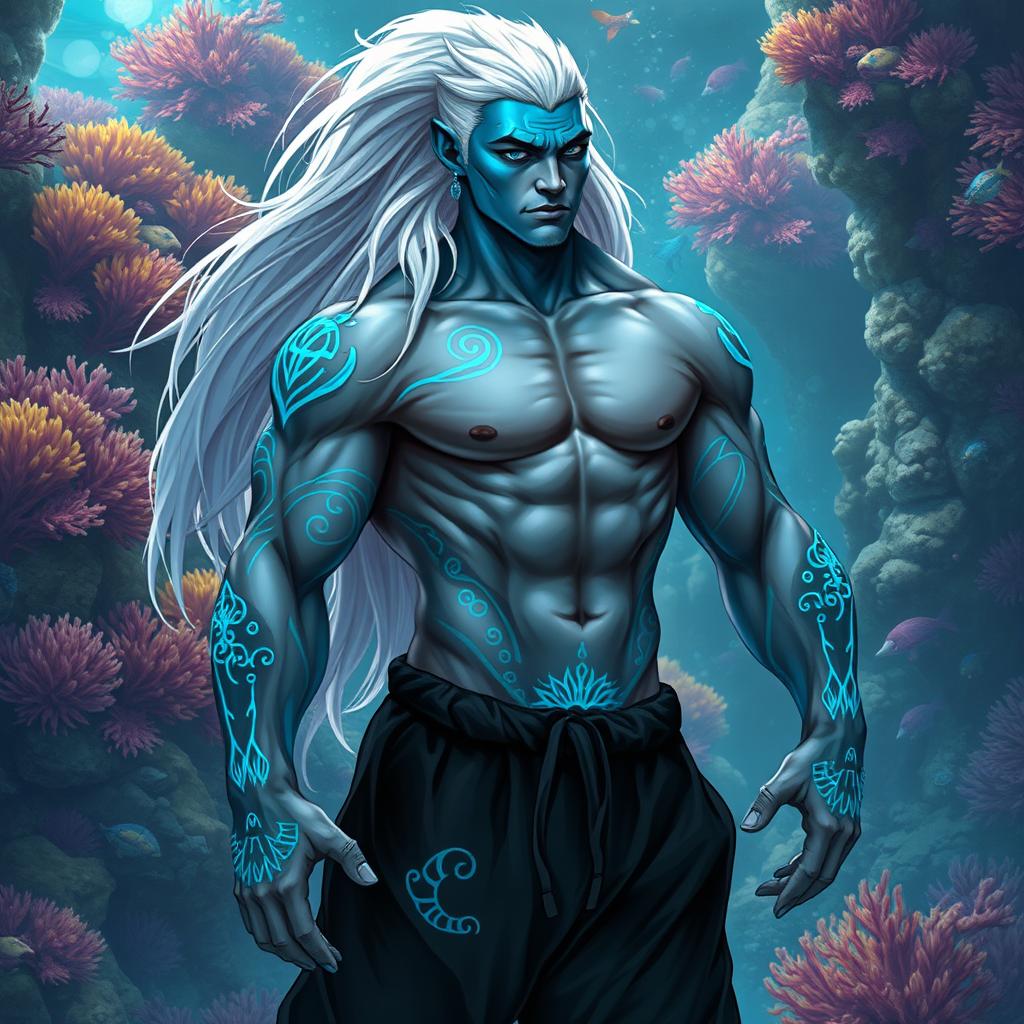A strong male Simic Hybrid originating from Vedalken, depicted with a robust figure