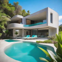 Envision a brutalist single-level villa in raw concrete, perched on a hill with a sweeping view of the ocean. The architecture is minimal and curved, complemented by a bright turquoise-tiled pool. Surrounding the pool is a lush tropical garden rich with palm trees and exotic plants.