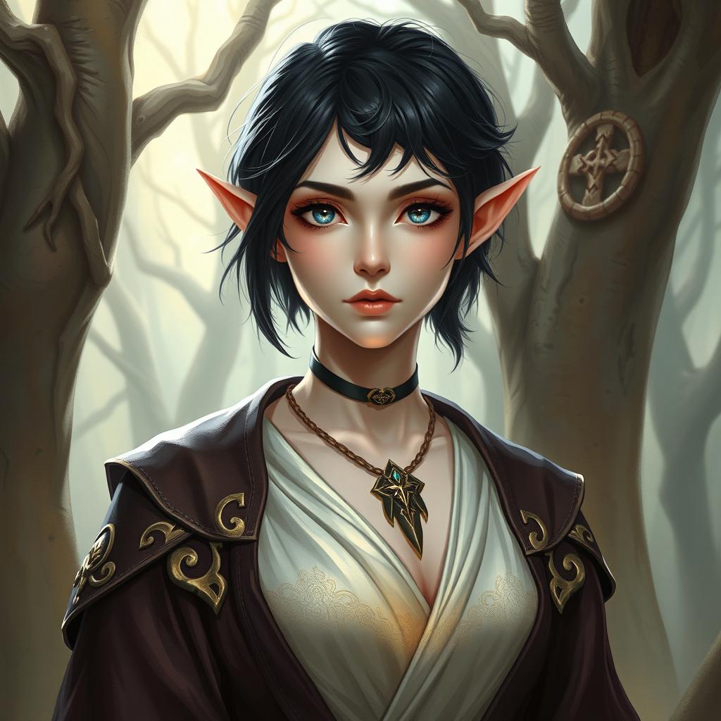 A detailed portrayal of a female elf sorcerer with pale skin and striking black short hair