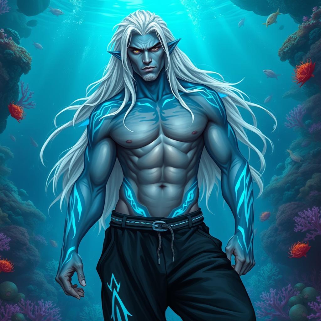A powerful male Simic Hybrid descended from Vedalken, presented with a robust physique
