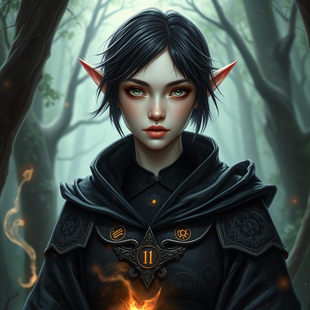 A detailed portrait of a female elf sorcerer with pale skin, short black hair, and striking grey eyes