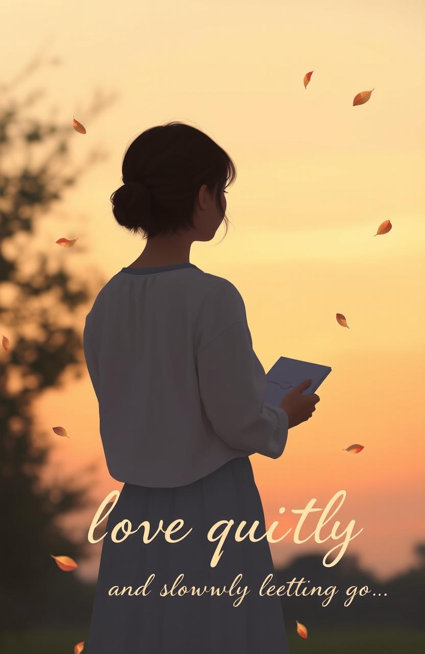 A girl standing with her back to the viewer under a soft sunset sky, her silhouette calm yet filled with meaning, suggesting unspoken feelings