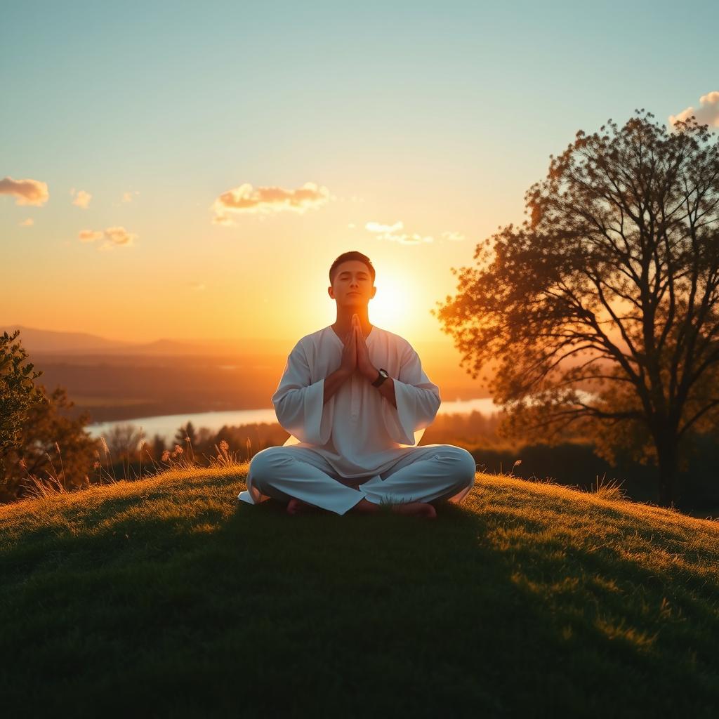 A serene and calming scene depicting an individual in a peaceful prayer position, set against a tranquil landscape at sunset