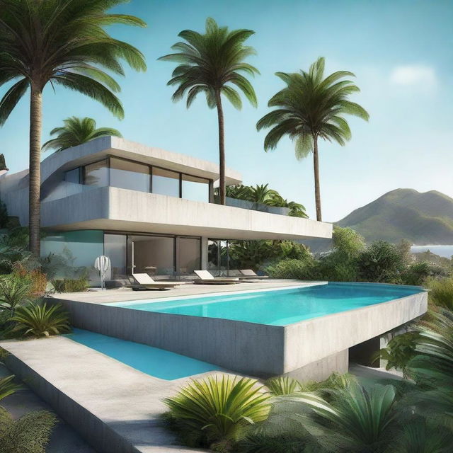 Envision a brutalist single-level villa in raw concrete, perched on a hill with a sweeping view of the ocean. The architecture is minimal and curved, complemented by a bright turquoise-tiled pool. Surrounding the pool is a lush tropical garden rich with palm trees and exotic plants.