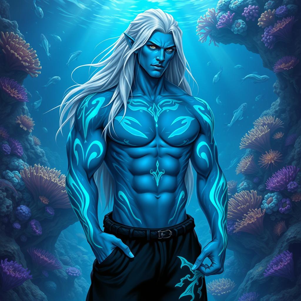 A robust male Simic Hybrid with Vedalken lineage, depicted without a shirt to showcase his strong physique