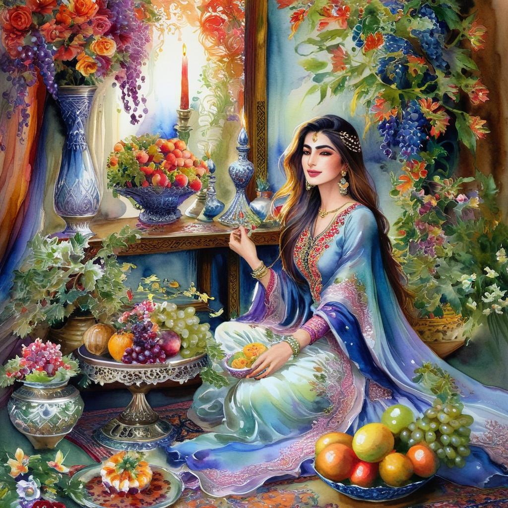 Mystical and spiritual watercolor painting of a beautiful Iranian woman sitting indoors, next to a table with fruit and grape dishes, traditional vases and colorful flowers, Eid greenery, traditional mirror, beautiful candles, small sweets in beautiful dishes, Iranian Nowruz table, Iranian silk carpet